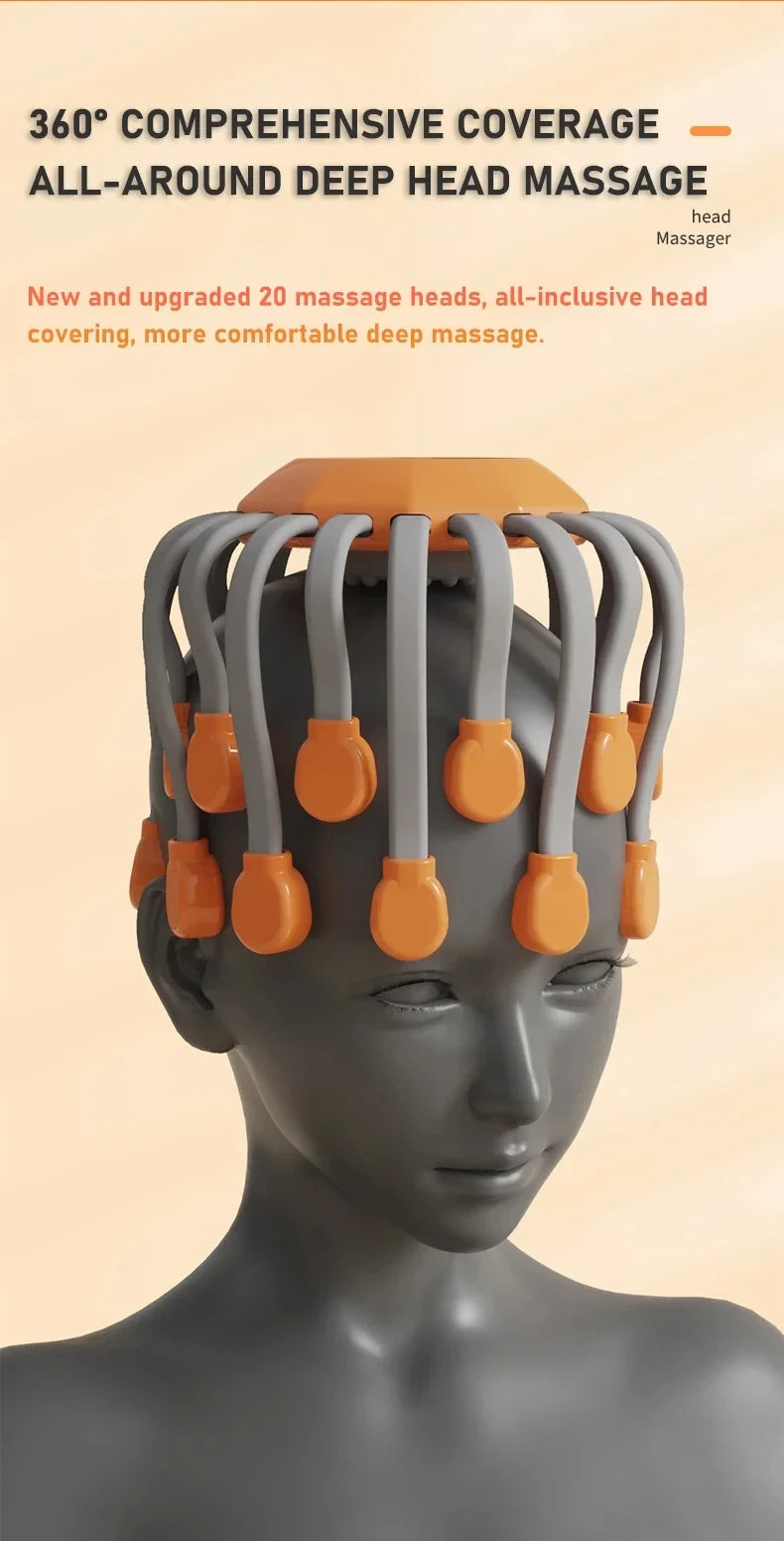 20Massage Heads Orange Scalp Head Massager Red Light Vibrator Octopus Scratcher for Relaxation Stress